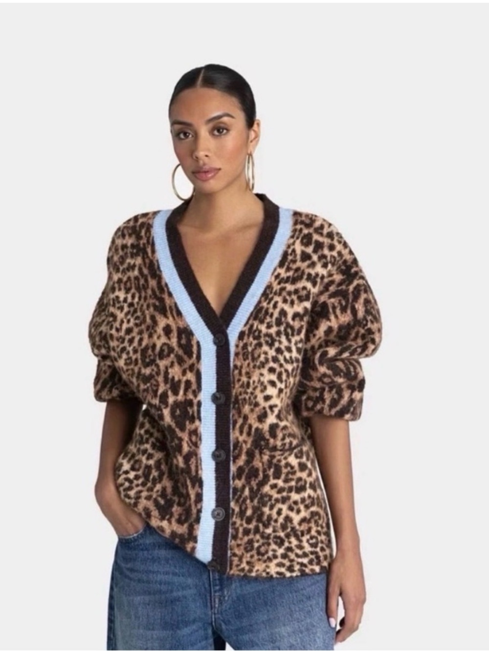 KBB by Kahlana Leopard Print Button Cardigan with Light Blue Trim